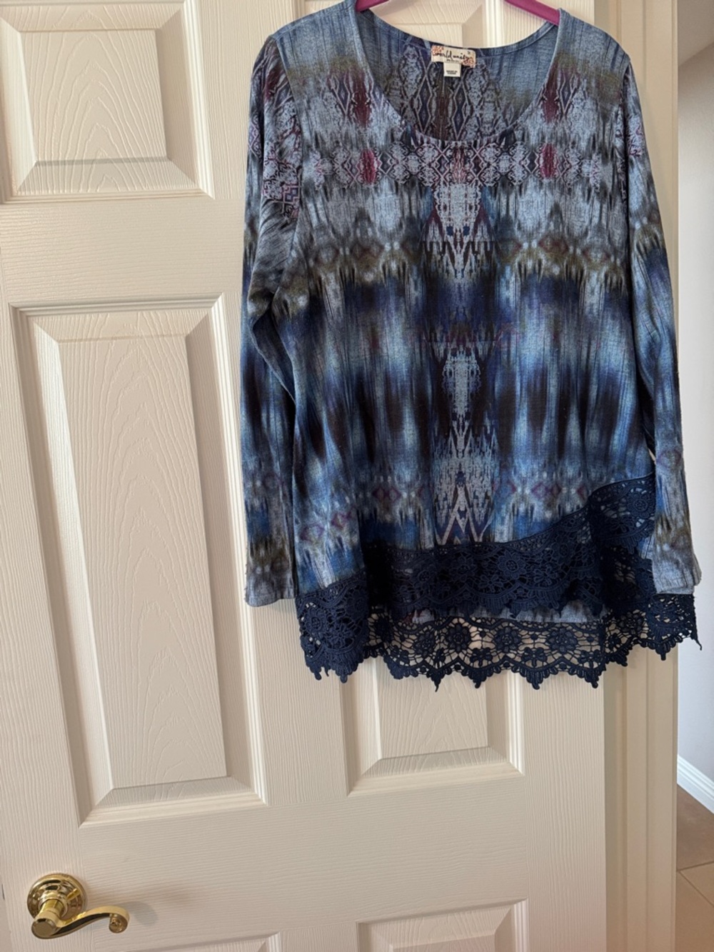 Blue Patterned Lace-Hem Blouse - Women